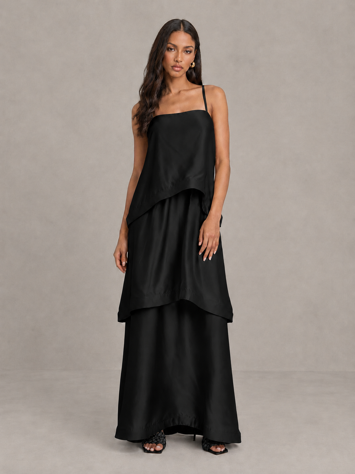 BOLODOO Black Satin Tiered Maxi Dress with Spaghetti Straps - Black