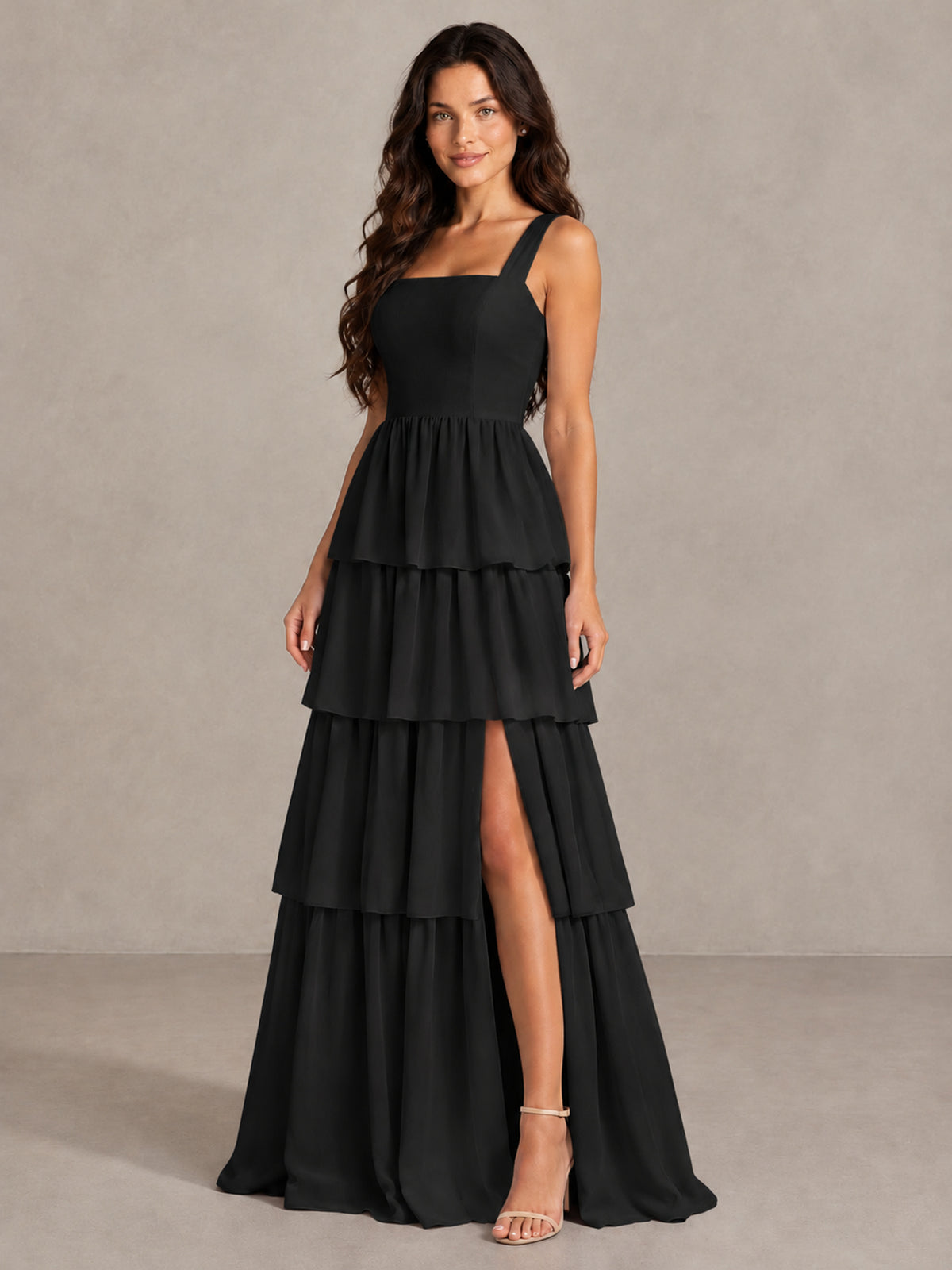 BOLODOO Black Square Neck Tiered Bridesmaid Dress with Slit - Black - Black (3)