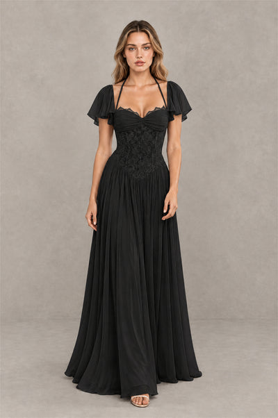 BOLODOO Black Flutter Sleeve Lace Corset A-Line Maxi Dress - Black - Black (3)