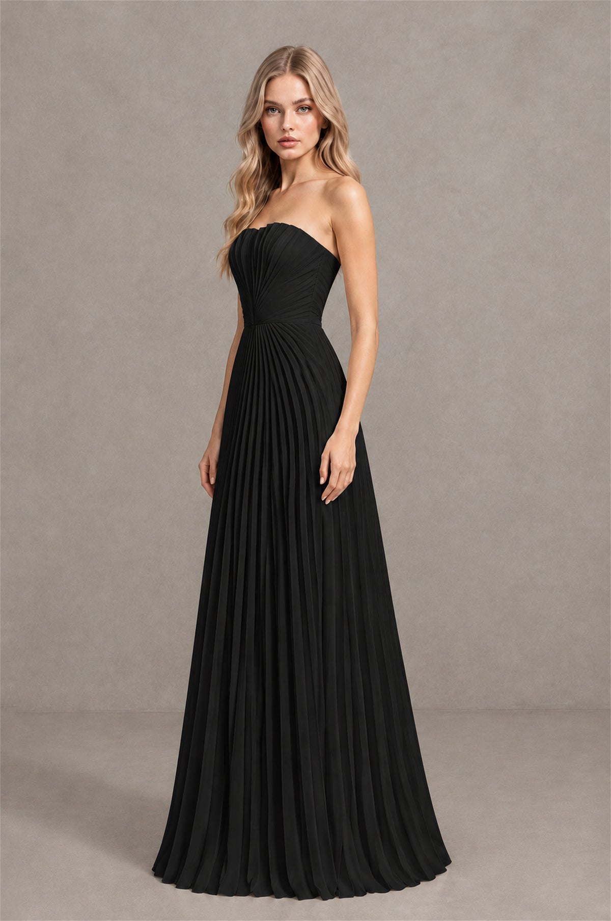 BOLODOO Black Strapless Sunburst Pleated Twisted Knot Lace-Up Back Accordion Pleated Chiffon Maxi Dress - Black