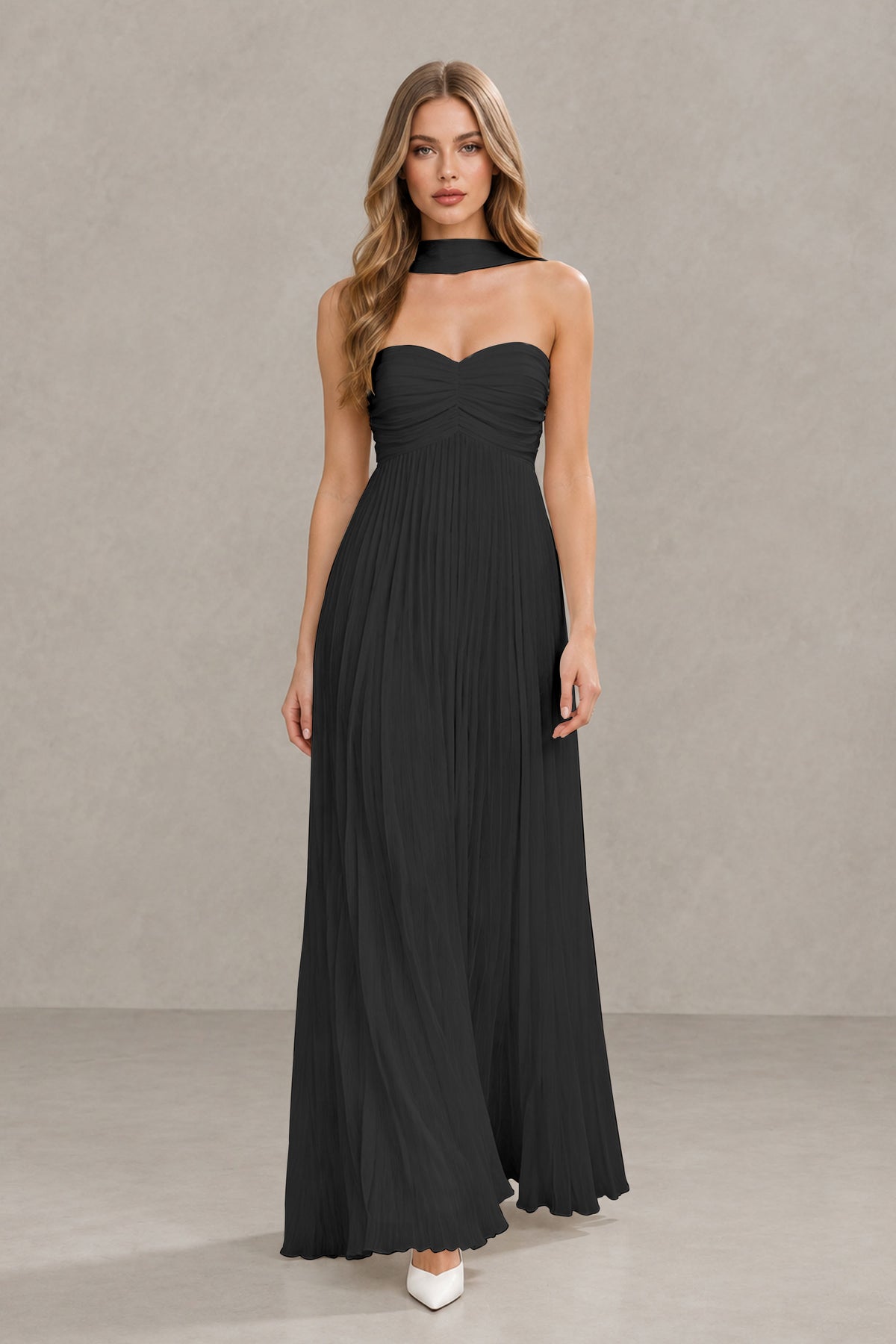 BOLODOO Black Strapless Chiffon-Look Maxi Dress with Lace-Up Back & Cape - Black