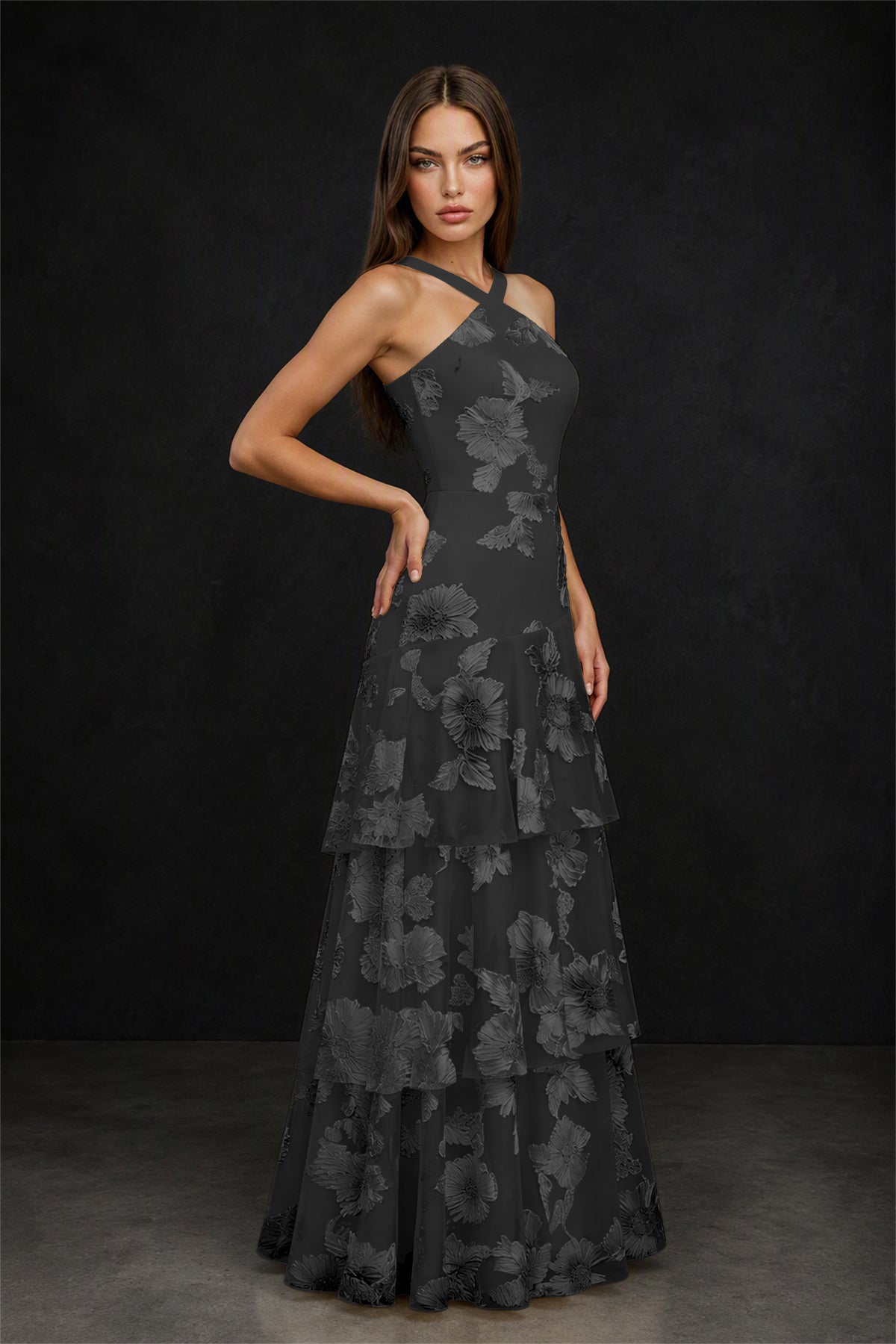 BOLODOO Black Crisscross Halter Neck Black Floral Embroidered Triple Tiered A-Line Tulle Maxi Dress - Black