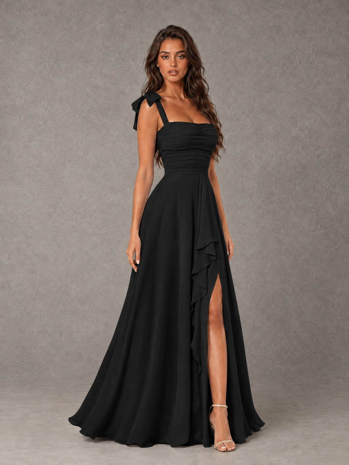BOLODOO Black Bow-Strap Bridesmaid Dress with Ruffle Slit - Black - Black (3)