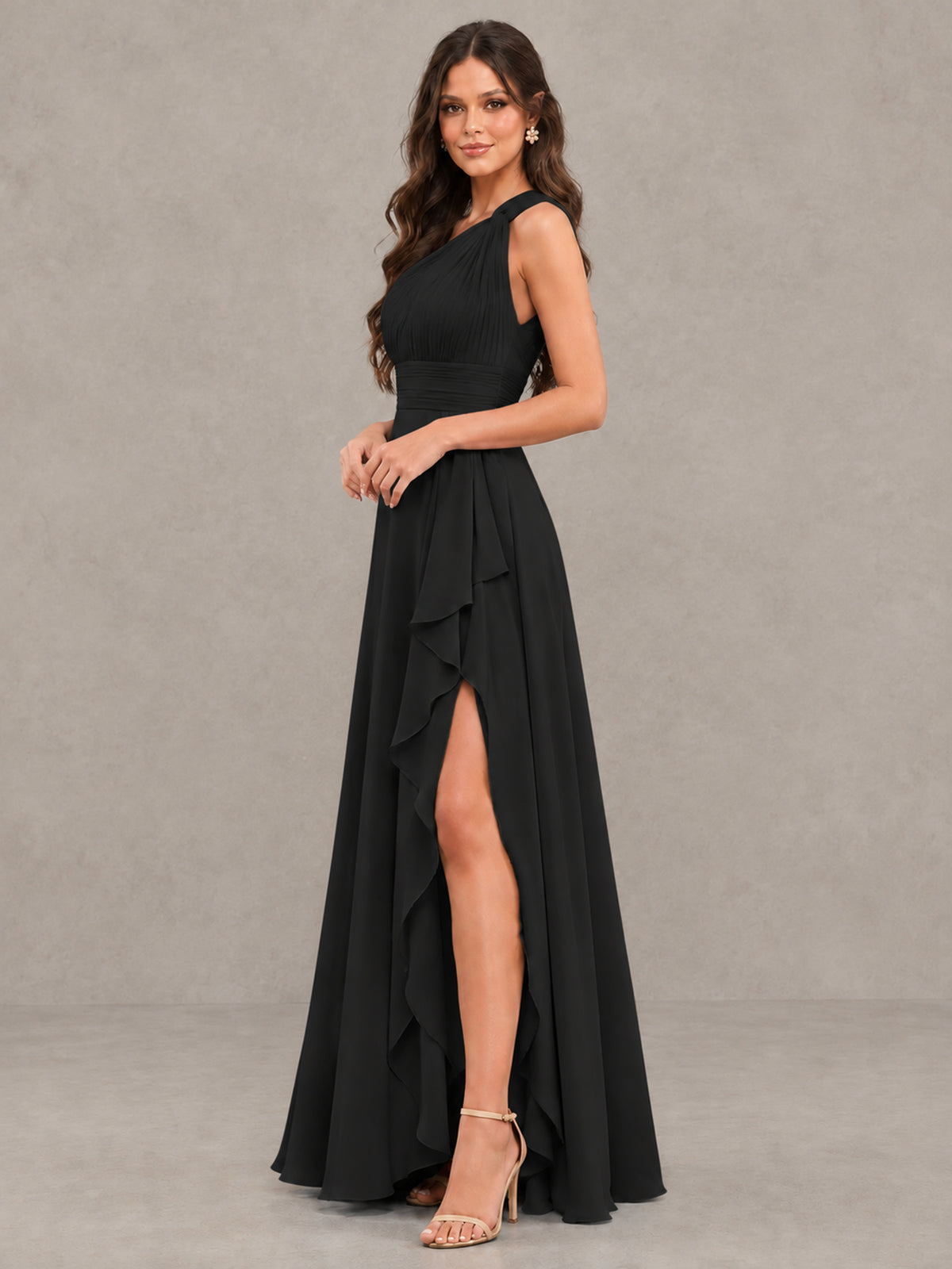 BOLODOO Black One-Shoulder Ruffle Bridesmaid Dress with Slit - Black - Black (3)