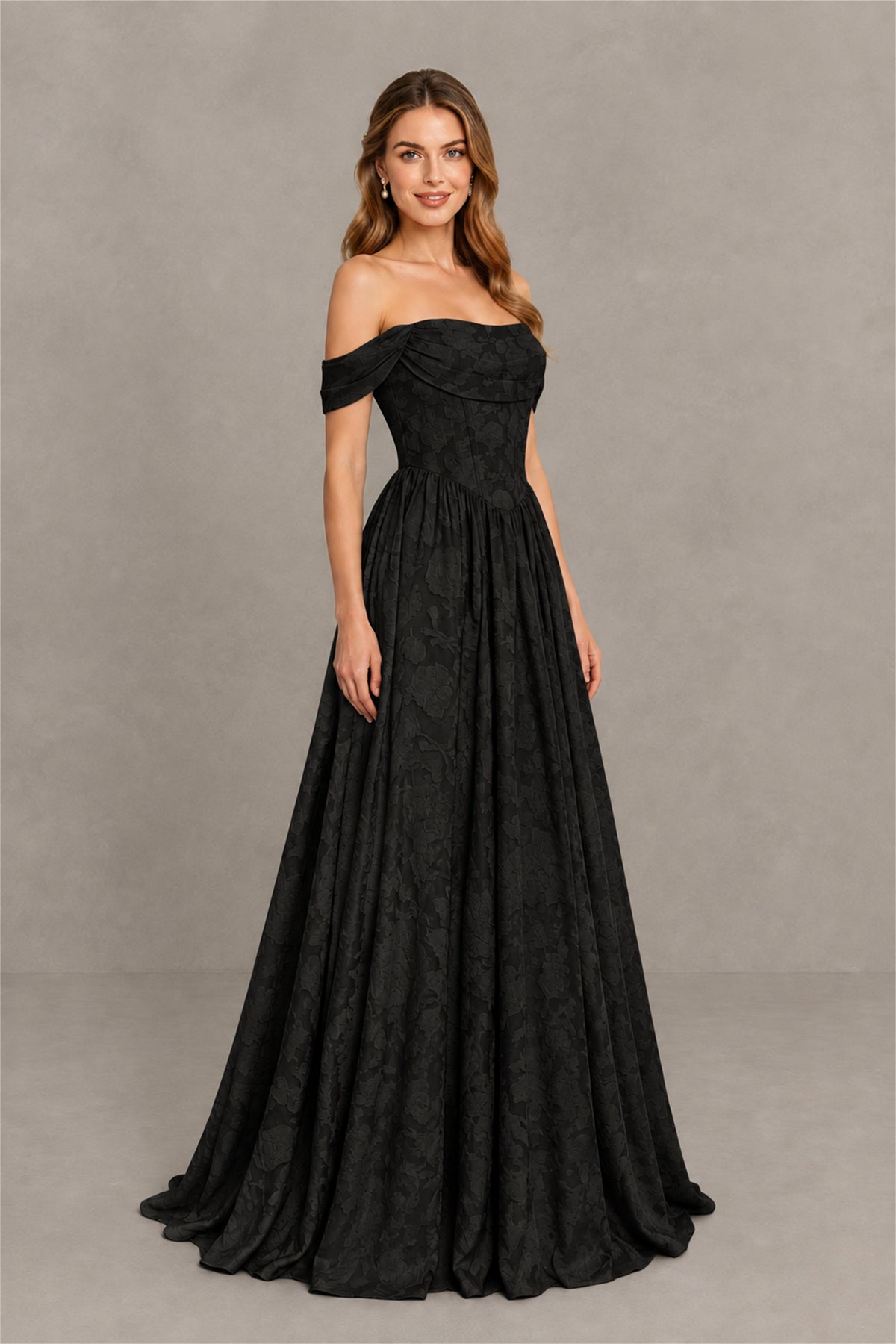 BOLODOO Black Off-Shoulder Floral A-Line Maxi Dress - Black