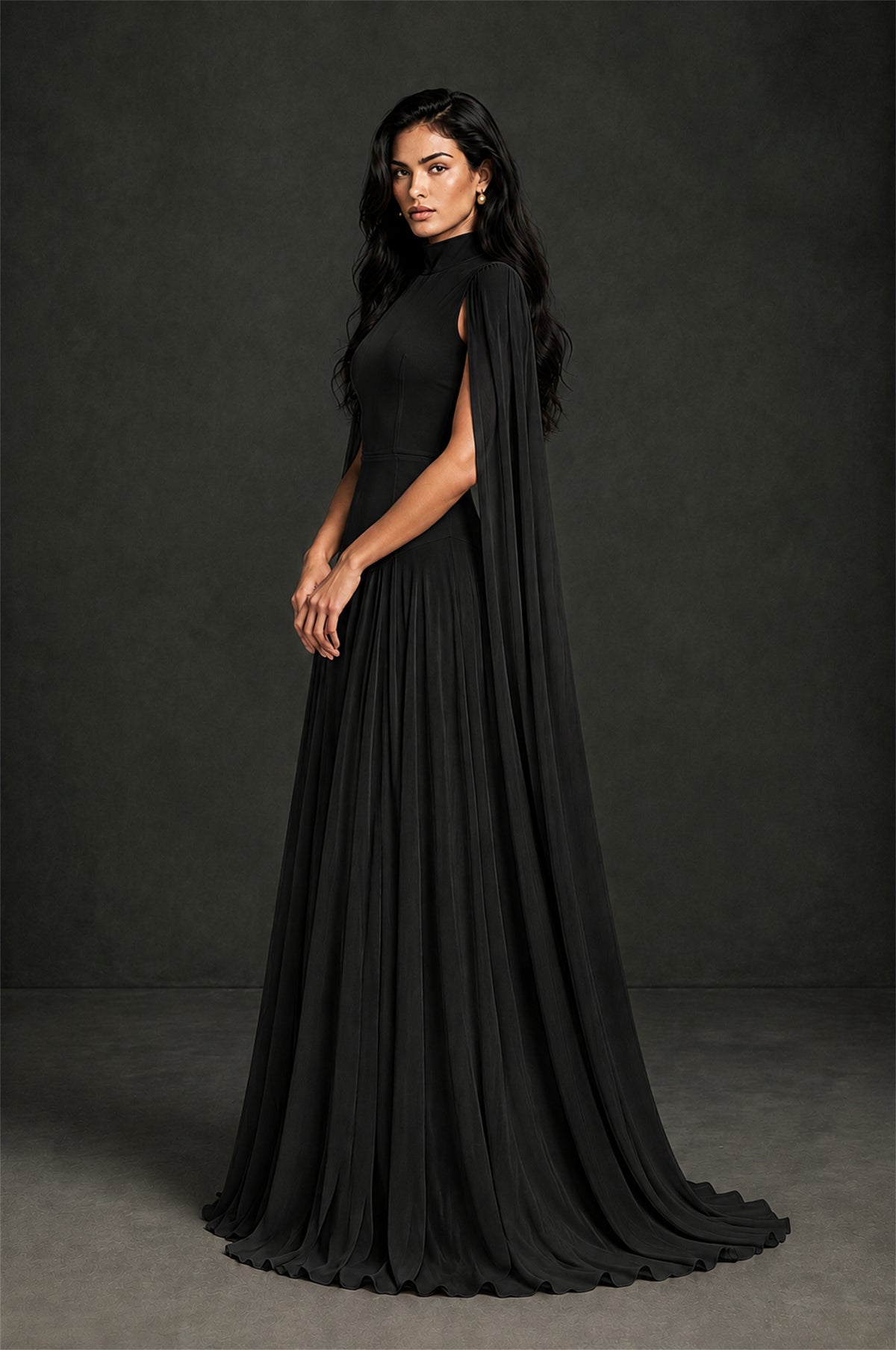 BOLODOO Black Mock Neck Cape Sleeve A-Line Chiffon Maxi Dress - Black - Black (3)