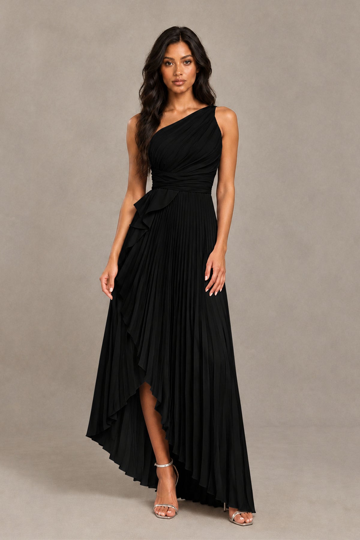 BOLODOO Black One-Shoulder High-Low Ruffle Maxi Dress - Black