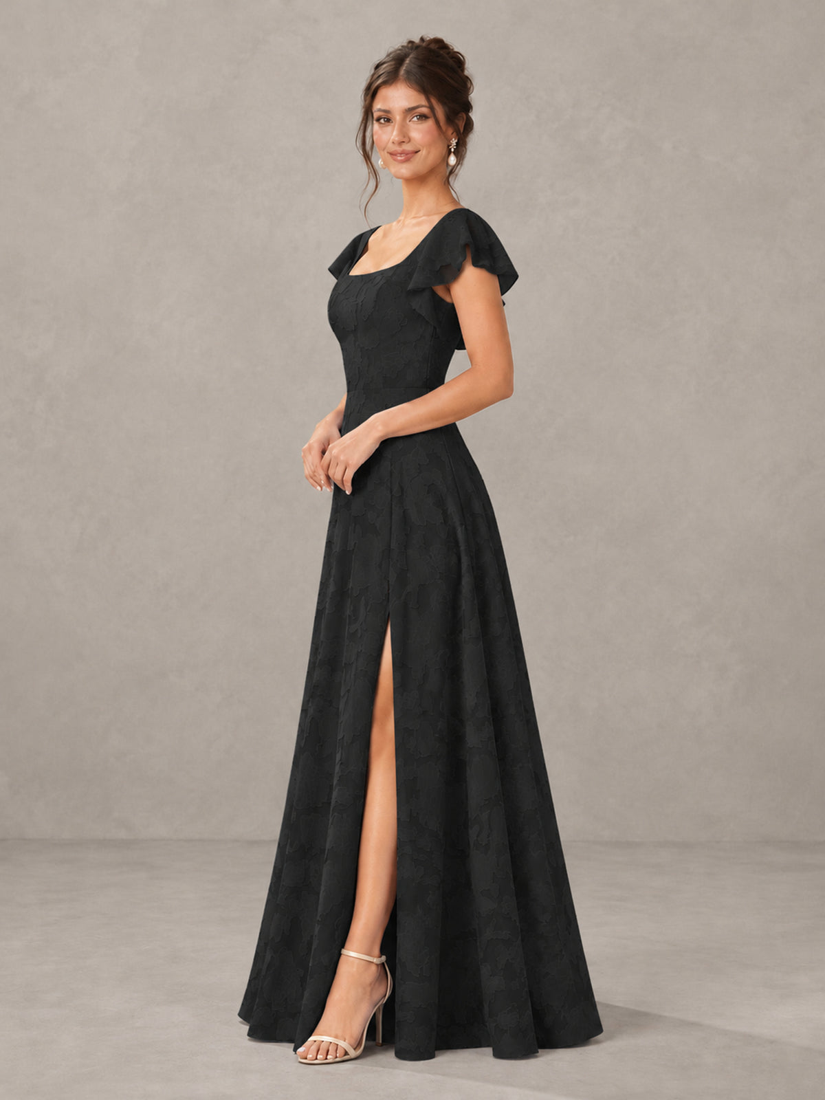 BOLODOO Black Floral Flutter Sleeve Bridesmaid Dress with Slit - Black - Black (3)