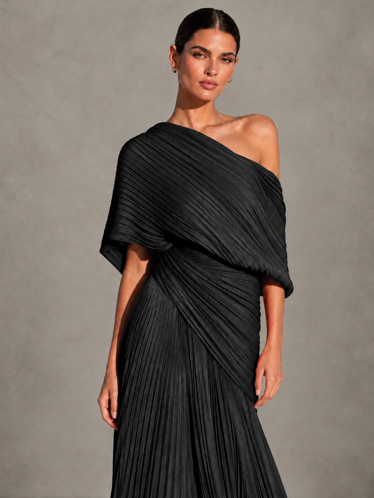 BOLODOO Black One-Shoulder Pleated Cape Evening Gown with Train - Black - Black (3)