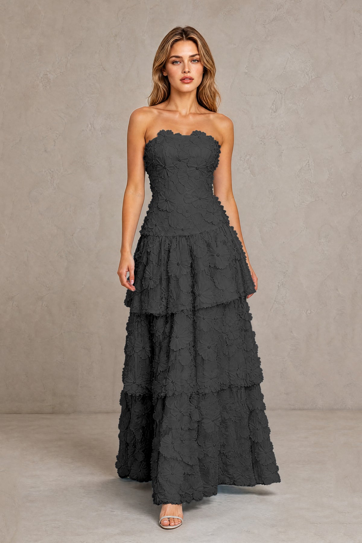 BOLODOO Black Strapless 3D Floral Tiered Evening Gown - Black
