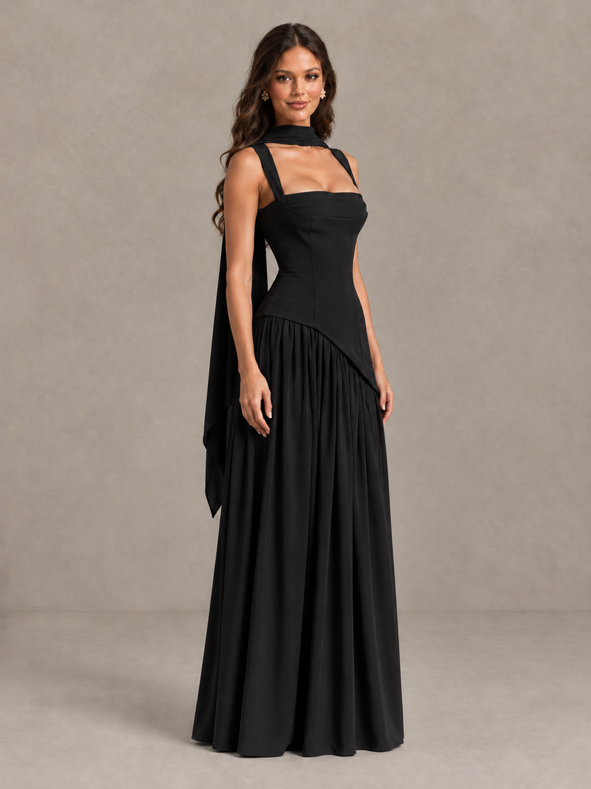 BOLODOO Black Brown Scarf Bridesmaid Dress with Lace-Up Back - Black - Black (3)