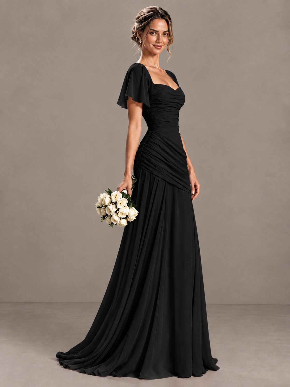BOLODOO Black Flutter Sleeve Lace-Up Back Maxi Dress - Black