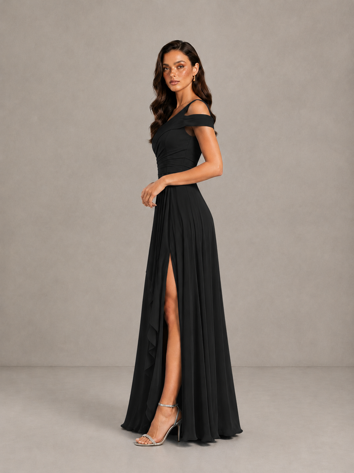 BOLODOO Black One-Shoulder Bridesmaid Dress with Side Slit - Black - Black (3)