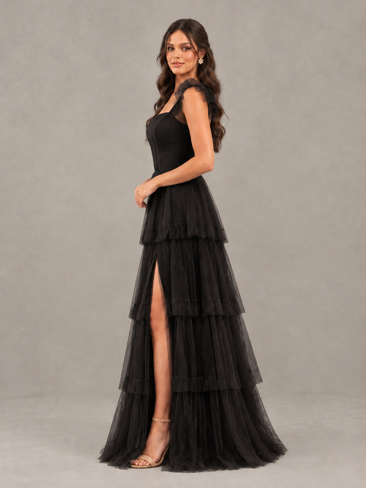 BOLODOO Black Tiered Tulle Bridesmaid Dress with Slit - Black - Black (3)