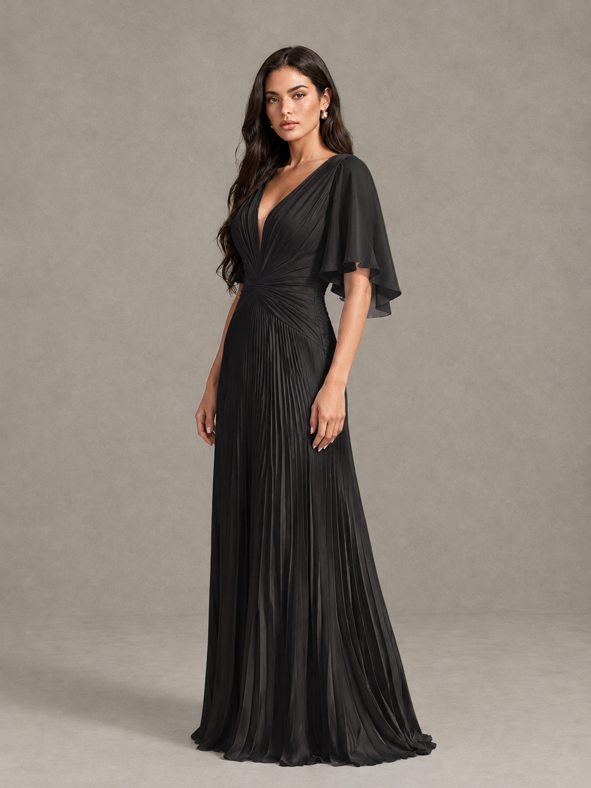 BOLODOO Black Pleated V-Neck Flutter Sleeve Bridesmaid Dress - Black - Black (3)