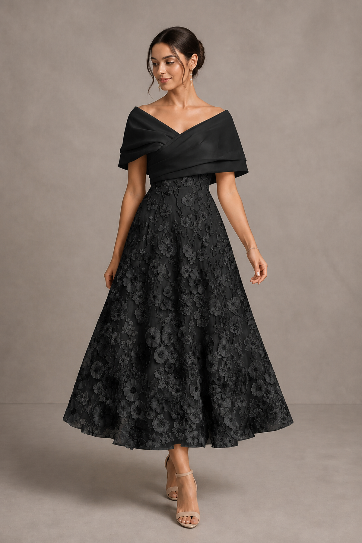 Black Off-Shoulder Satin & 3D Floral Embroidered Tulle Tea Length A-Line Dress - Black