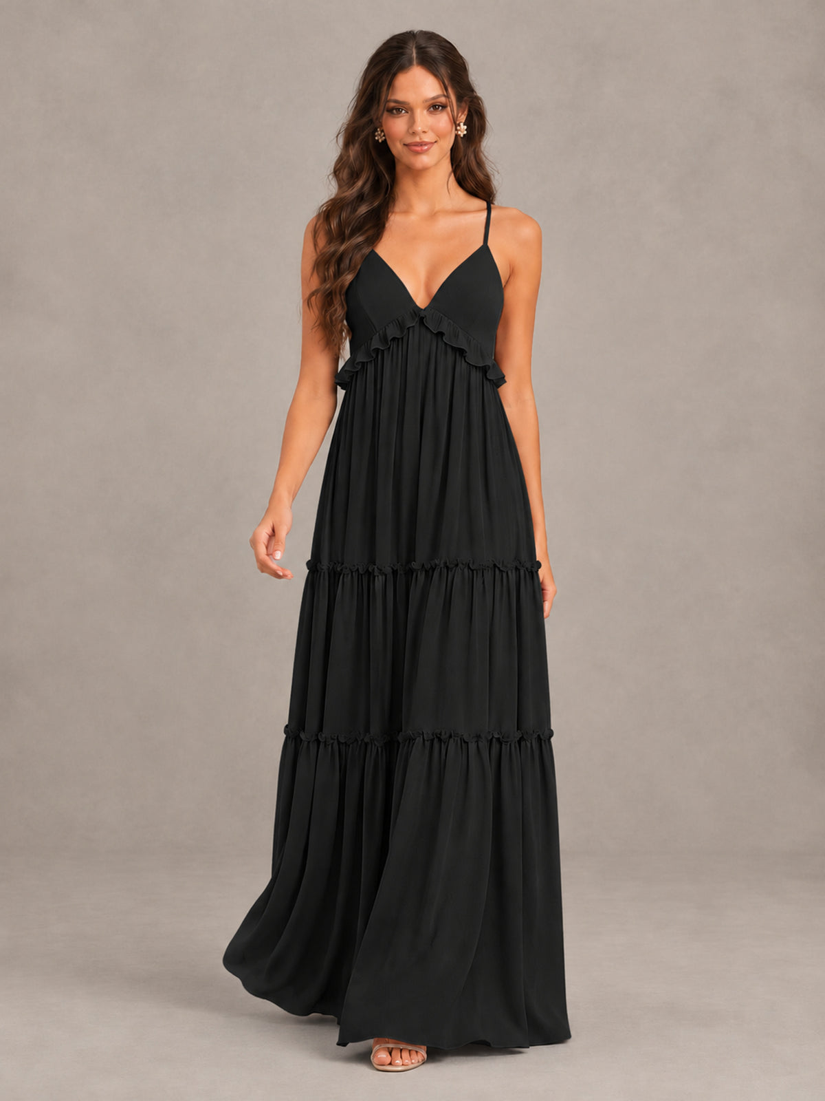 BOLODOO Black Tiered V-Neck Lace-Up Back Bridesmaid Dress - Black - Black (4)