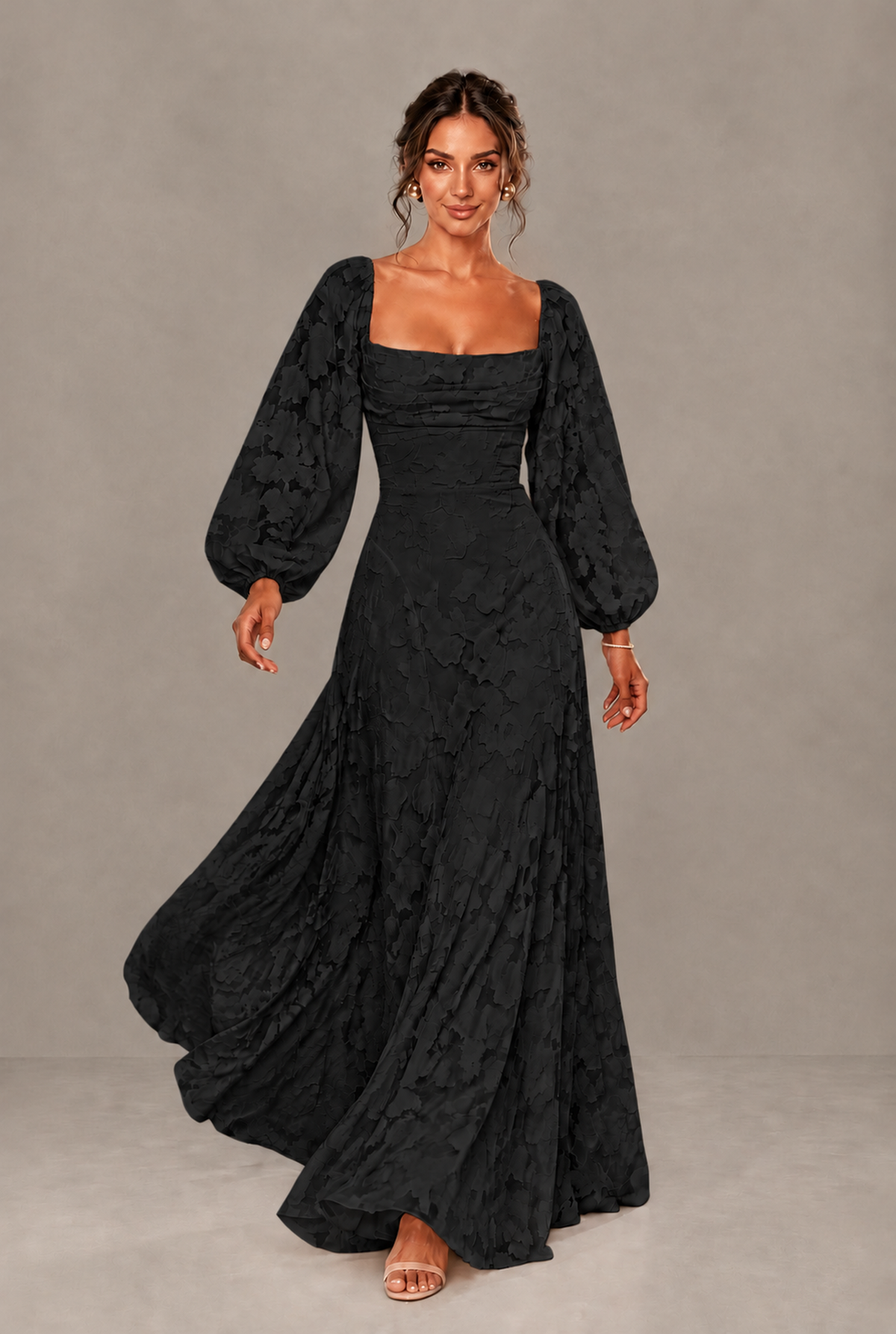 BOLODOO Floral Black Long Sleeve A-Line Dress with Lace-Up Back - Black