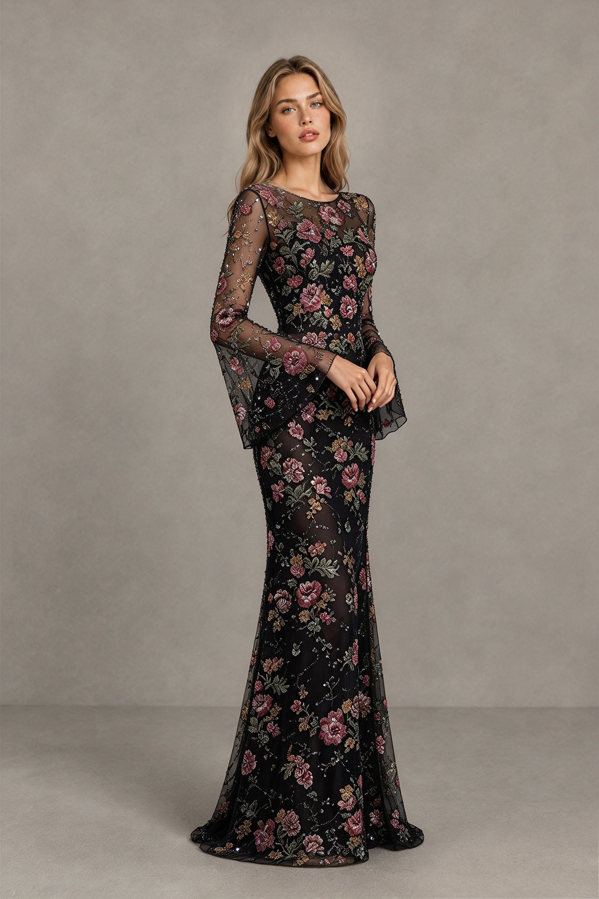 BOLODOO Floral Embroidered Tulle Black Mermaid Gown with Long Bell Sleeves - Black