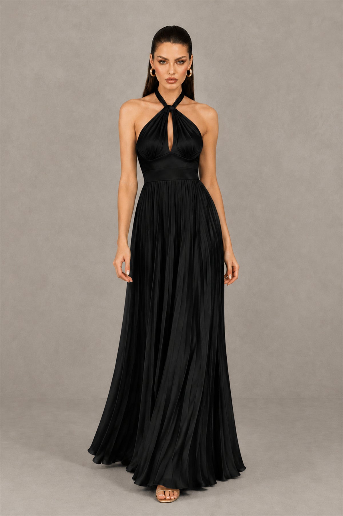 BOLODOO Black Halter Pleated A-Line Evening Dress - Black