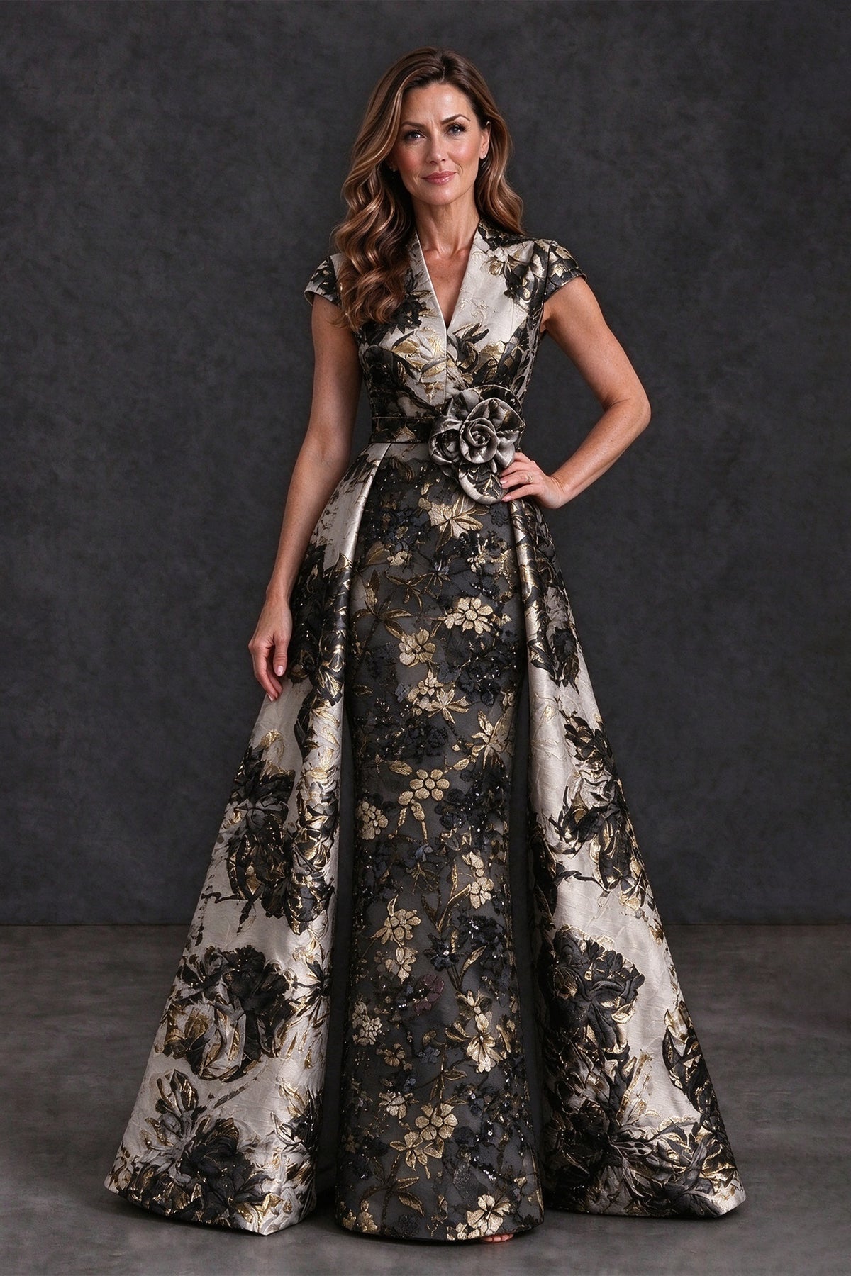 BOLODOO Black Floral Jacquard V-Neck Mother of the Bride Dress - Black - Black (4)