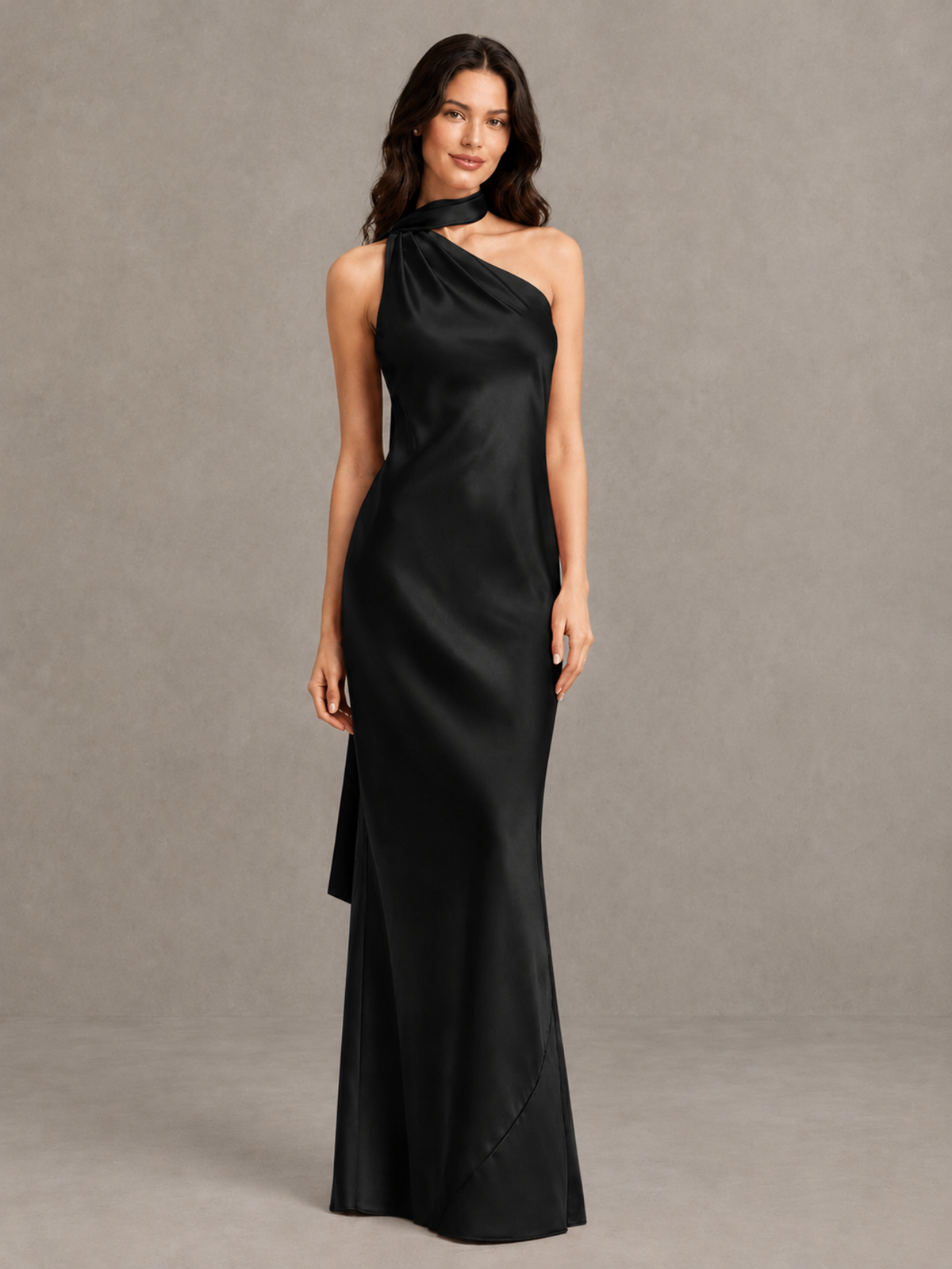 BOLODOO Black Satin One-Shoulder Bridesmaid Dress with Open Back - Black - Black (4)