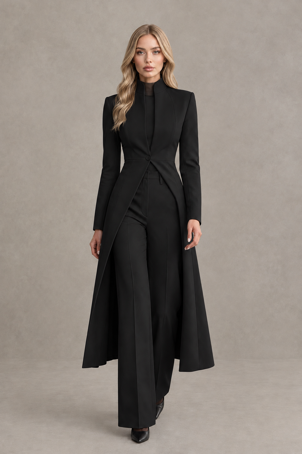 BOLODOO Black Longline Jacket Wide-Leg Formal Pantsuit - Black