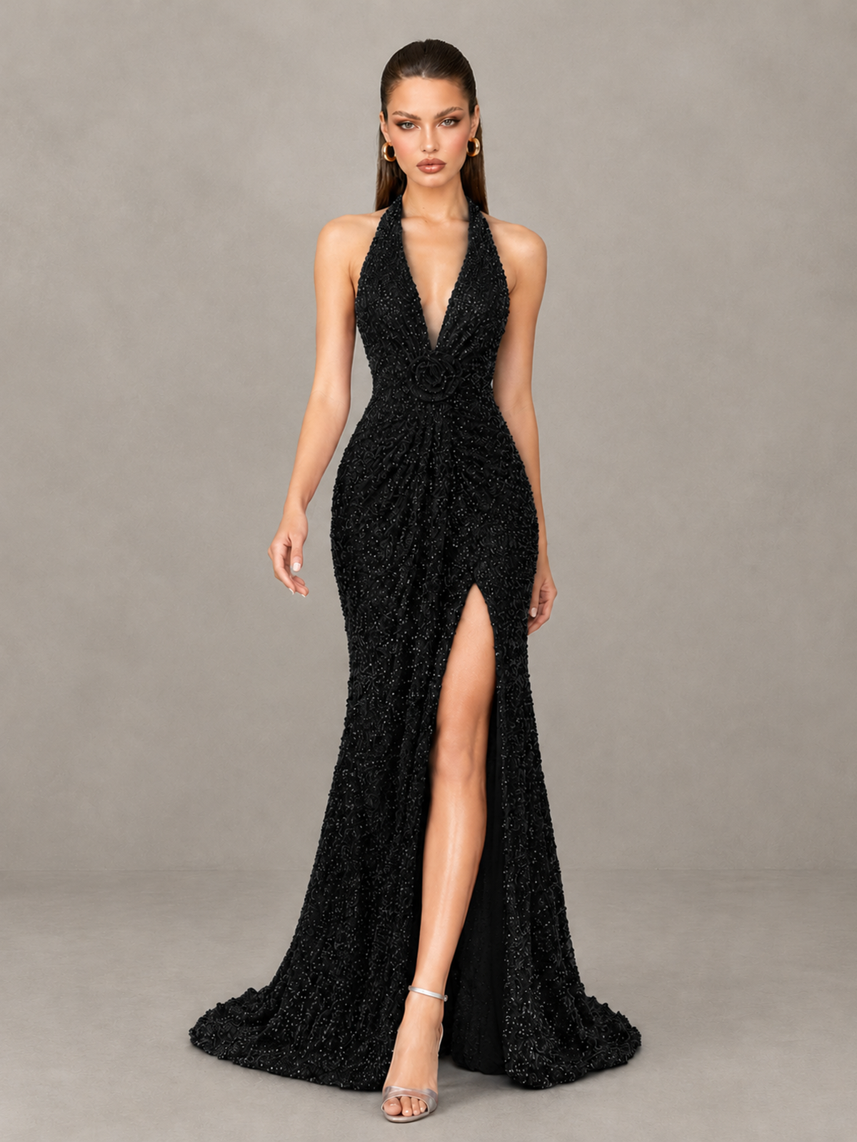 BOLODOO Black Sequin Halter Open Back Evening Gown with High Slit - Black - Black (4)