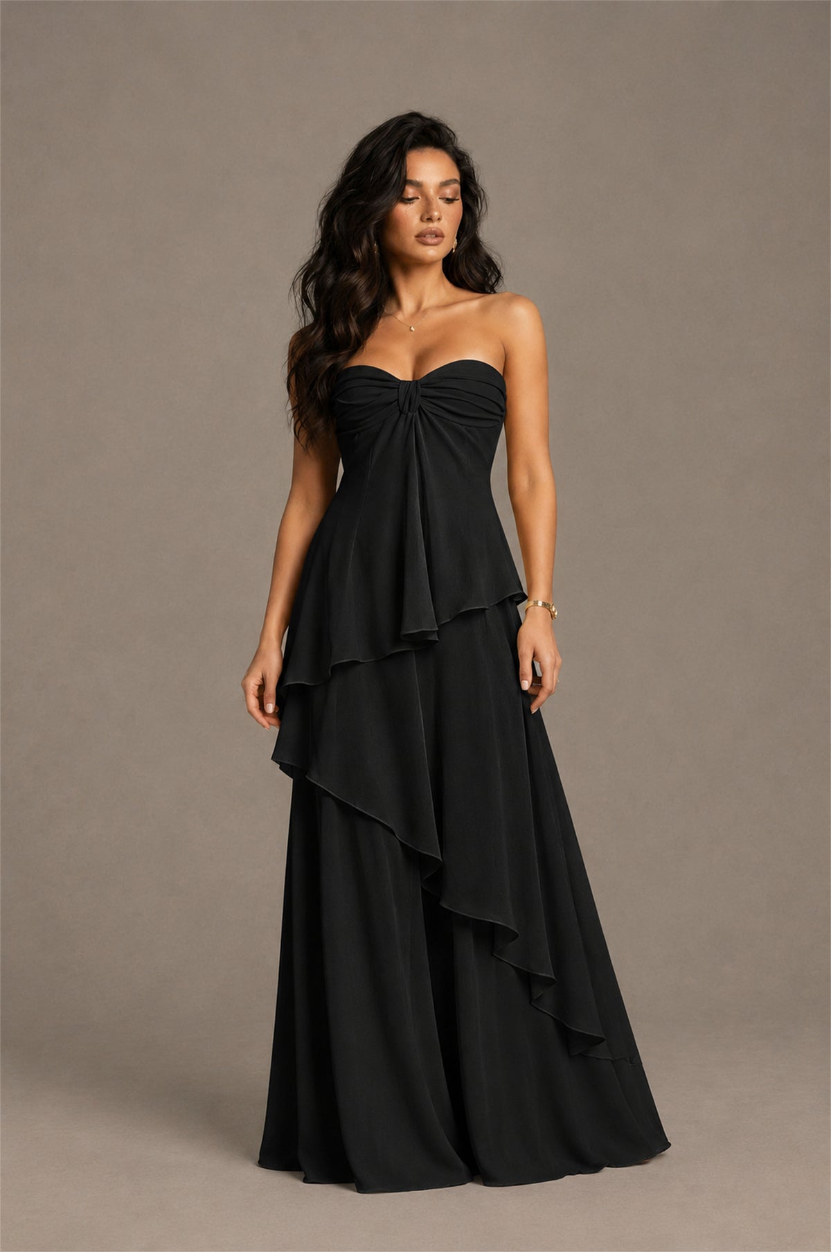 BOLODOO Black Strapless Sweetheart Knotted Chiffon Tiered Maxi Dress with Lace-Up Back - Black