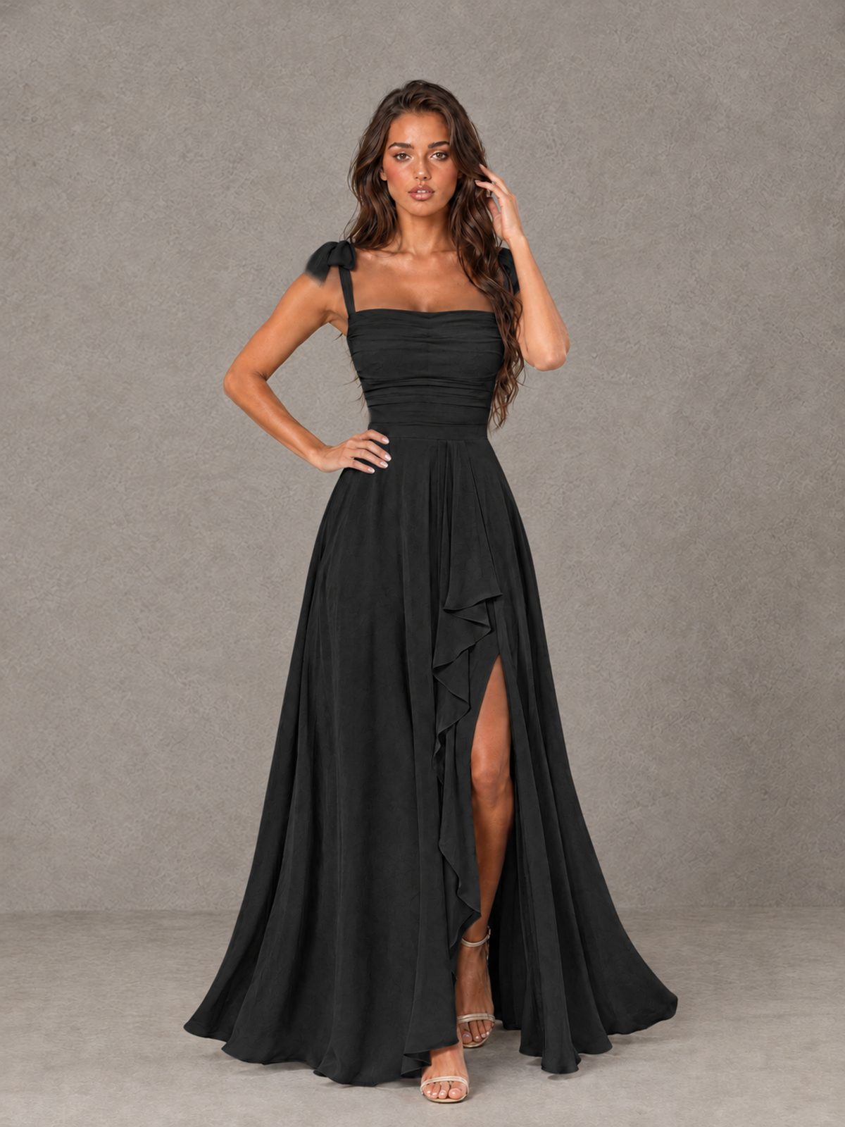 BOLODOO Black Bow-Strap Bridesmaid Dress with Ruffle Slit - Black - Black (4)