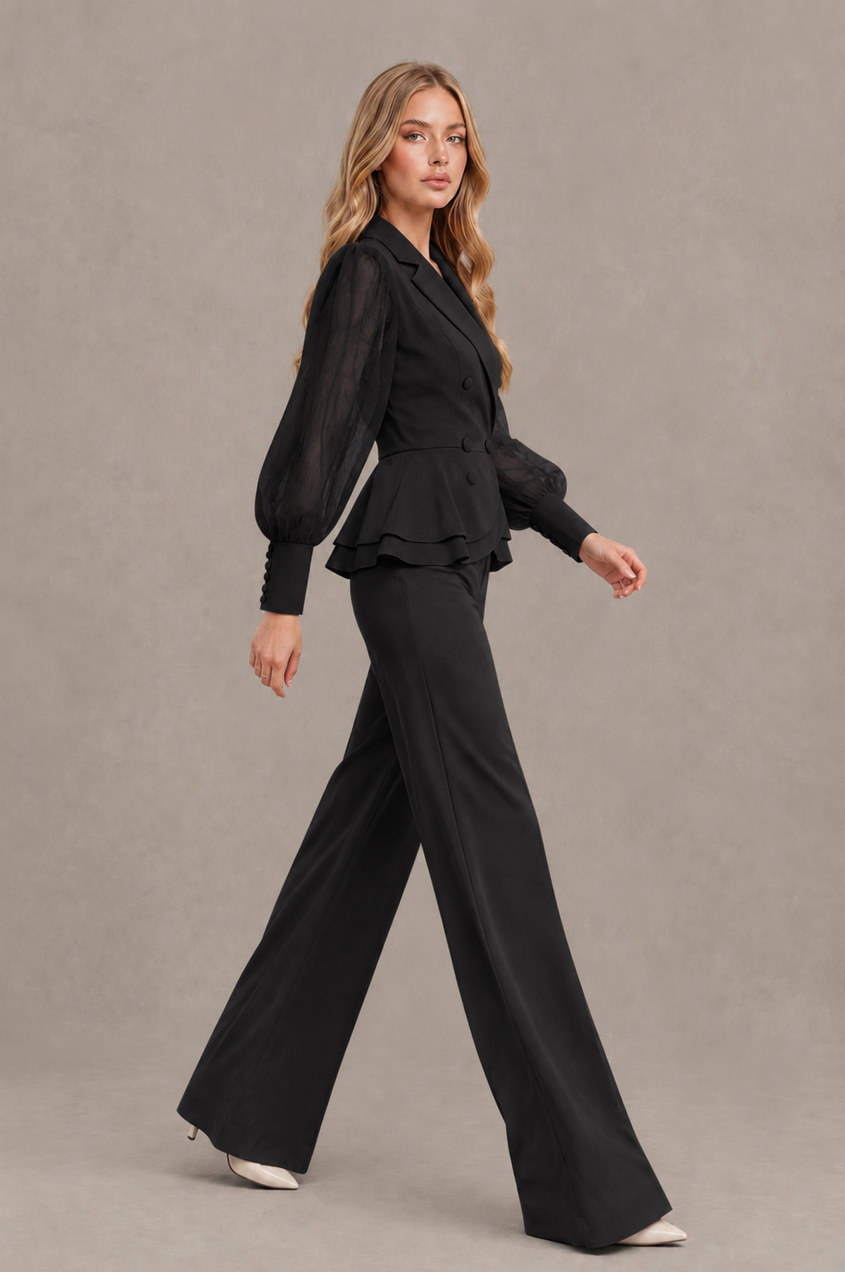 BOLODOO Mint Black Peplum Blazer Wide-Leg Pantsuit with Sheer Puff Sleeves - Black