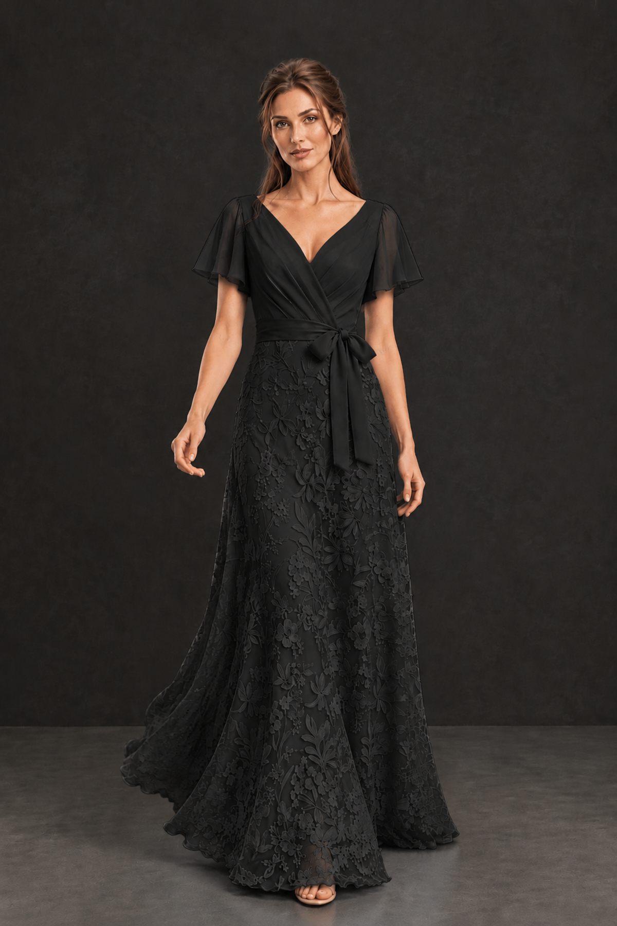 BOLODOO Black Flutter Sleeve Lace Mother of the Bride Dress - Black