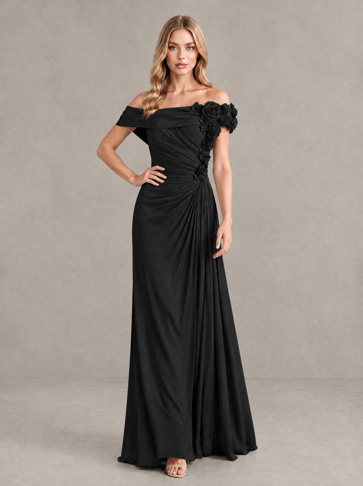 BOLODOO Black Off-Shoulder Floral Applique Wedding Guest Maxi Dress - Black - Black (4)