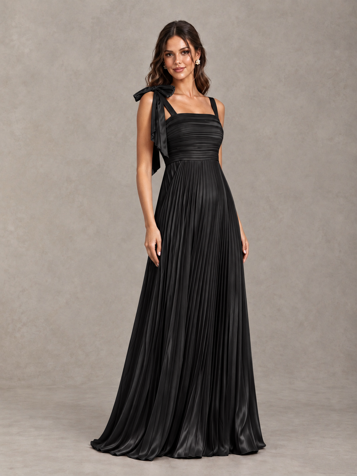 BOLODOO Black Pleated Bow-Strap Bridesmaid Maxi Dress - Black - Black (4)