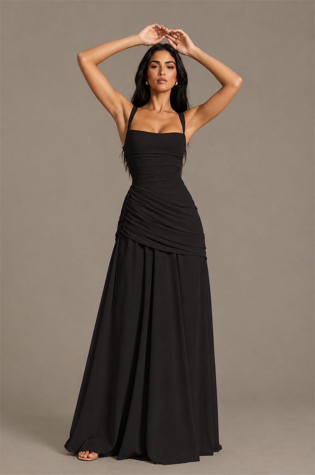 BOLODOO Square Neck Ruched A-Line Maxi Dress - Black Backless Evening Gown - Black