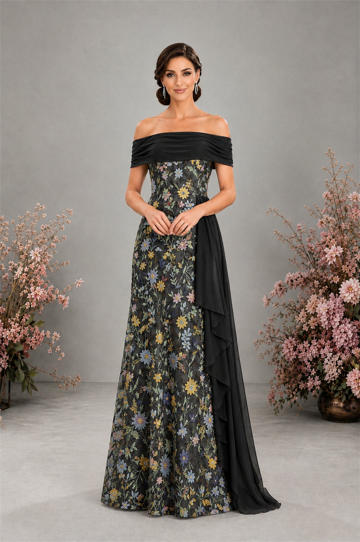 BOLODOO Black Floral Embroidered Off-Shoulder A-Line Floor Length Gown | Mother of the Bride & Evening - Black - Black (4)