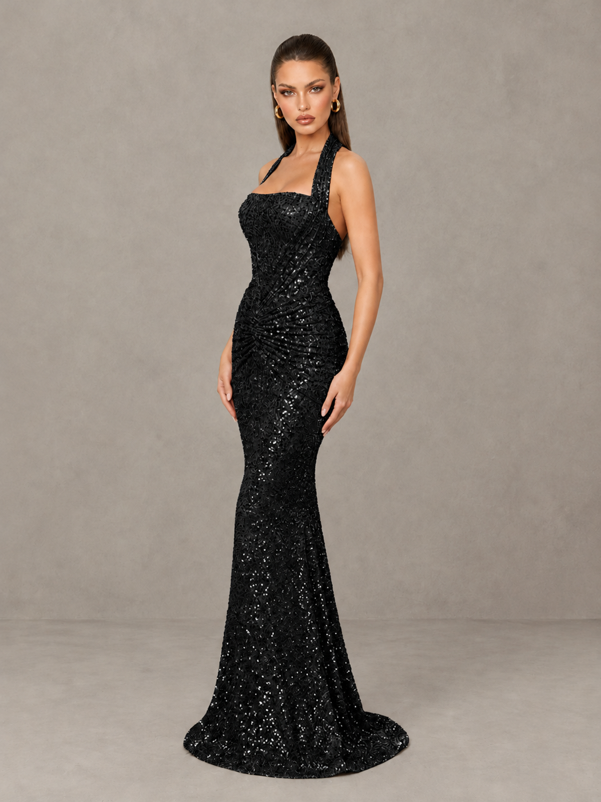 BOLODOO Black Sequin Halter Mermaid Evening Gown - Black - Black (4)