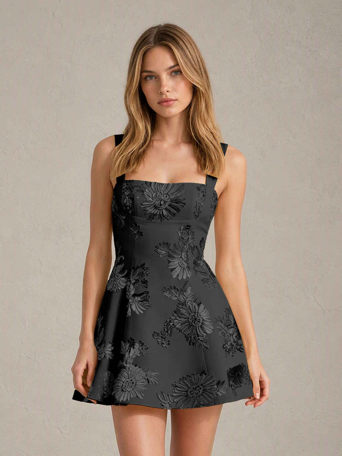 BOLODOO Black Floral Jacquard Wide Strap A-Line Mini Dress with Square Neck & Bow-Tie Open Back - Black