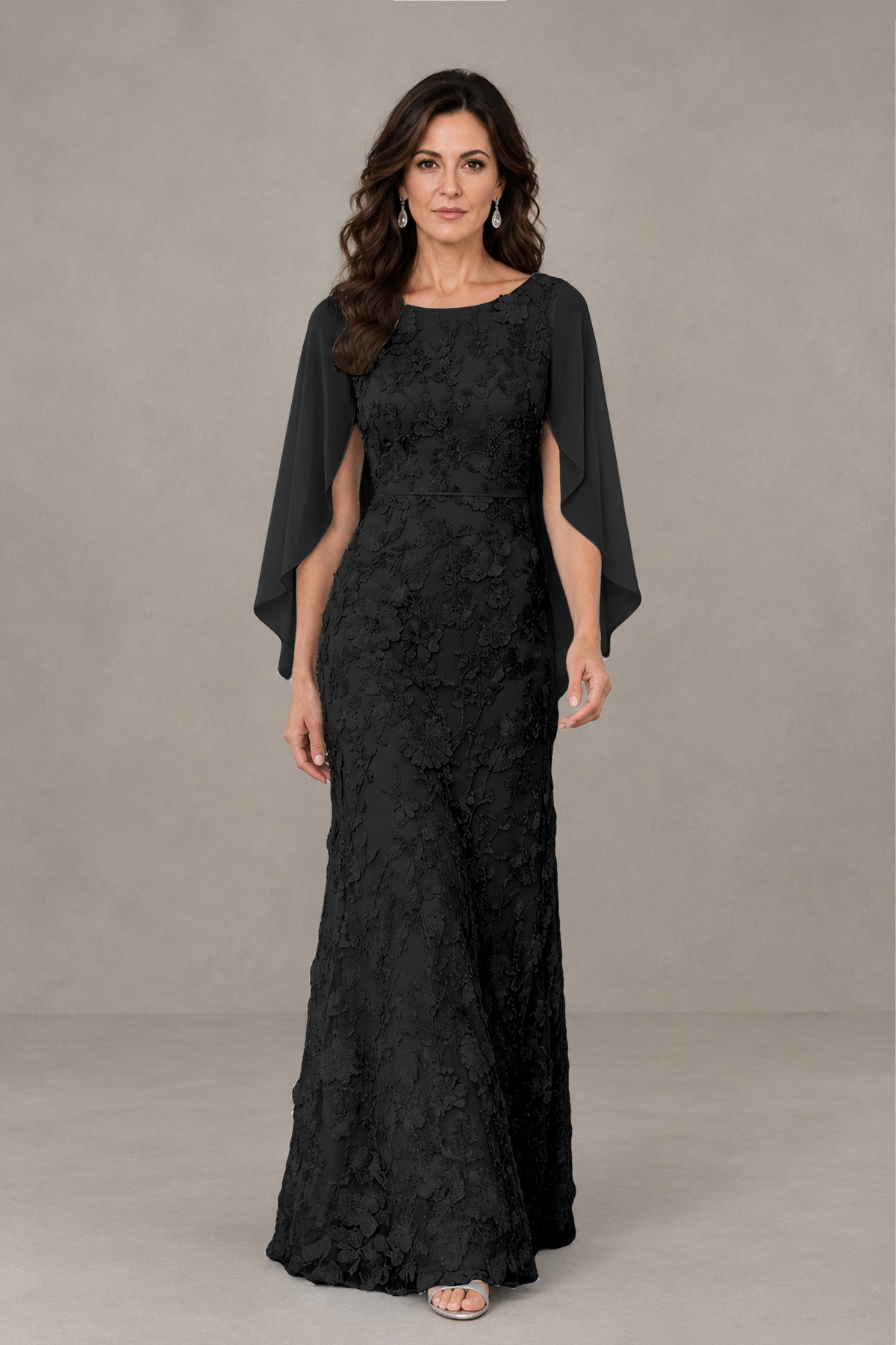 BOLODOO Black Lace Mother of the Bride Dress with Cape Sleeves - Black