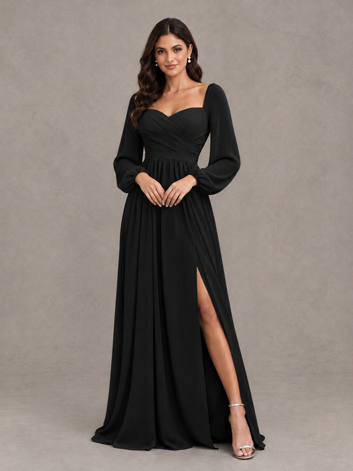 BOLODOO Black Long Sleeve Chiffon Bridesmaid Dress with Slit - Black - Black (4)