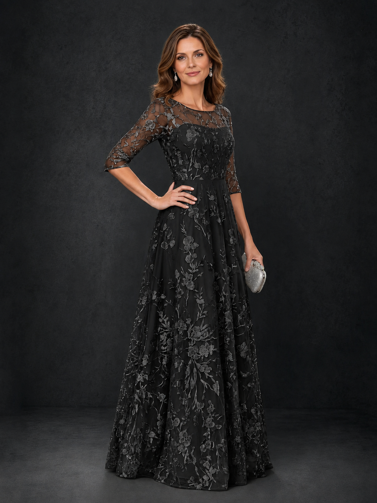 BOLODOO Wisteria Black Illusion Bateau Neck 3/4 Sleeve Floral Lace A-Line Mother of the Bride Dress MX007 - Black