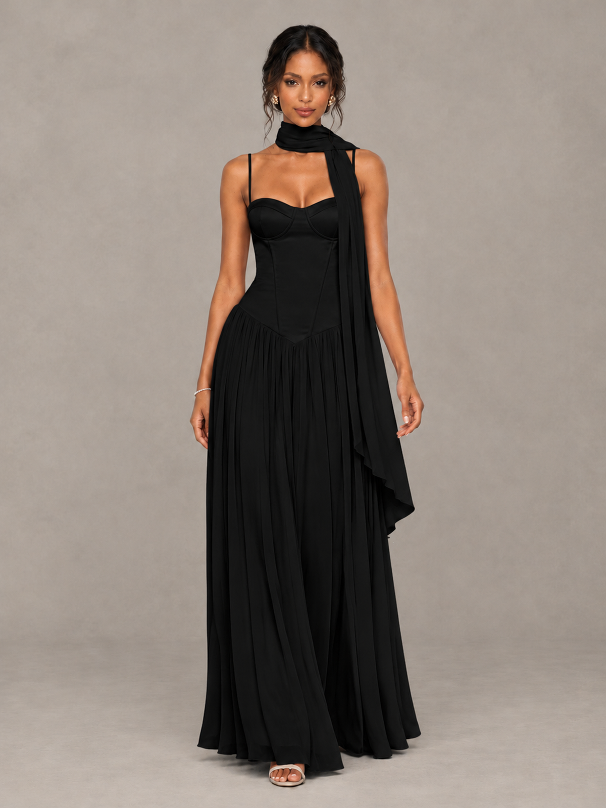 BOLODOO Black Corset Bridesmaid Dress with Scarf - Black - Black (4)
