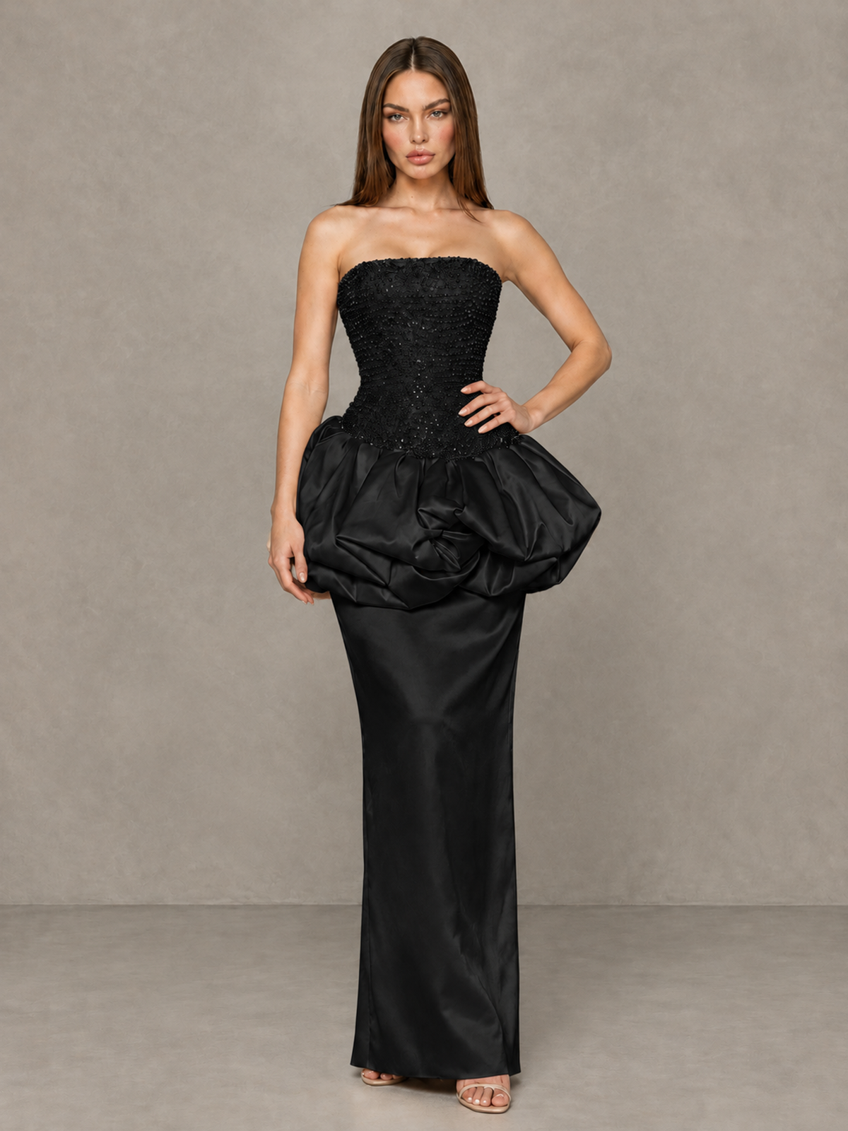 BOLODOO Black Strapless Embellished Bubble Peplum Evening Dress - Black - Black (4)