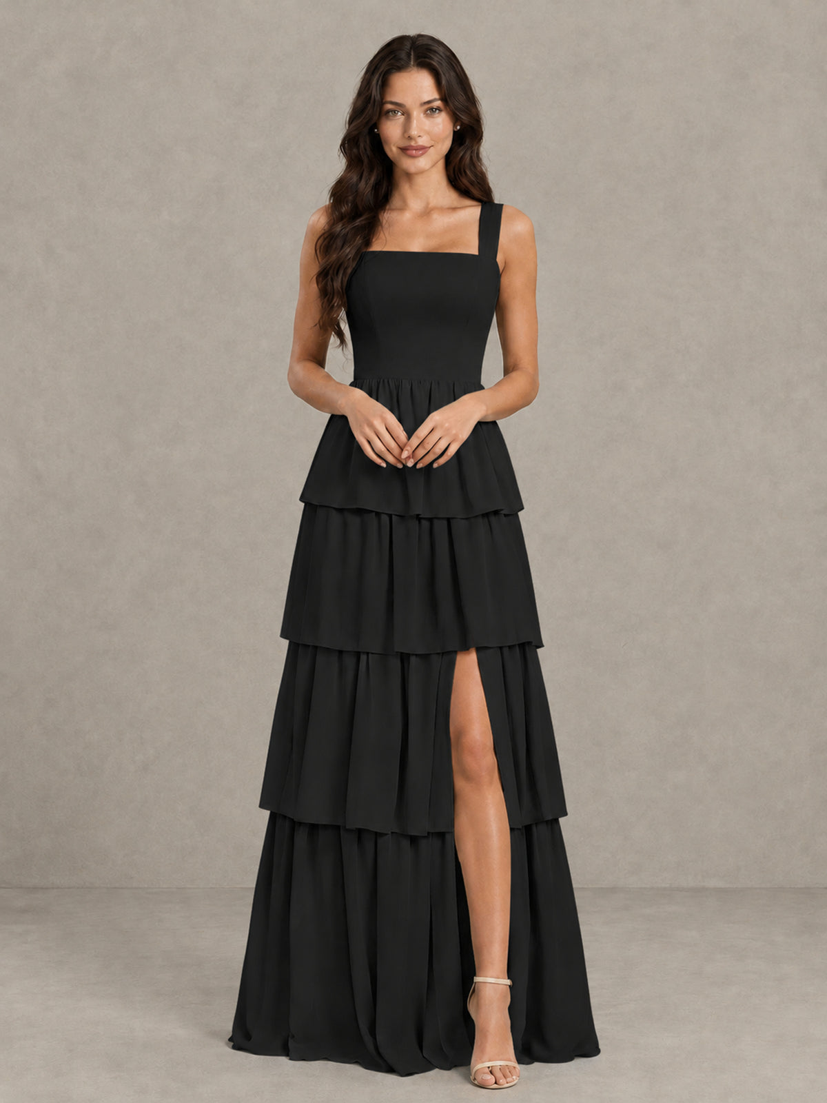 BOLODOO Black Square Neck Tiered Bridesmaid Dress with Slit - Black - Black (4)