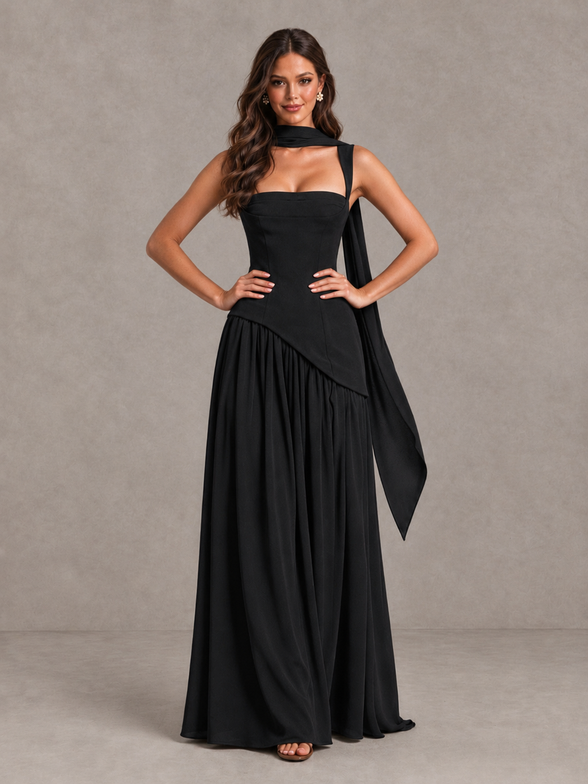 BOLODOO Black Brown Scarf Bridesmaid Dress with Lace-Up Back - Black - Black (4)