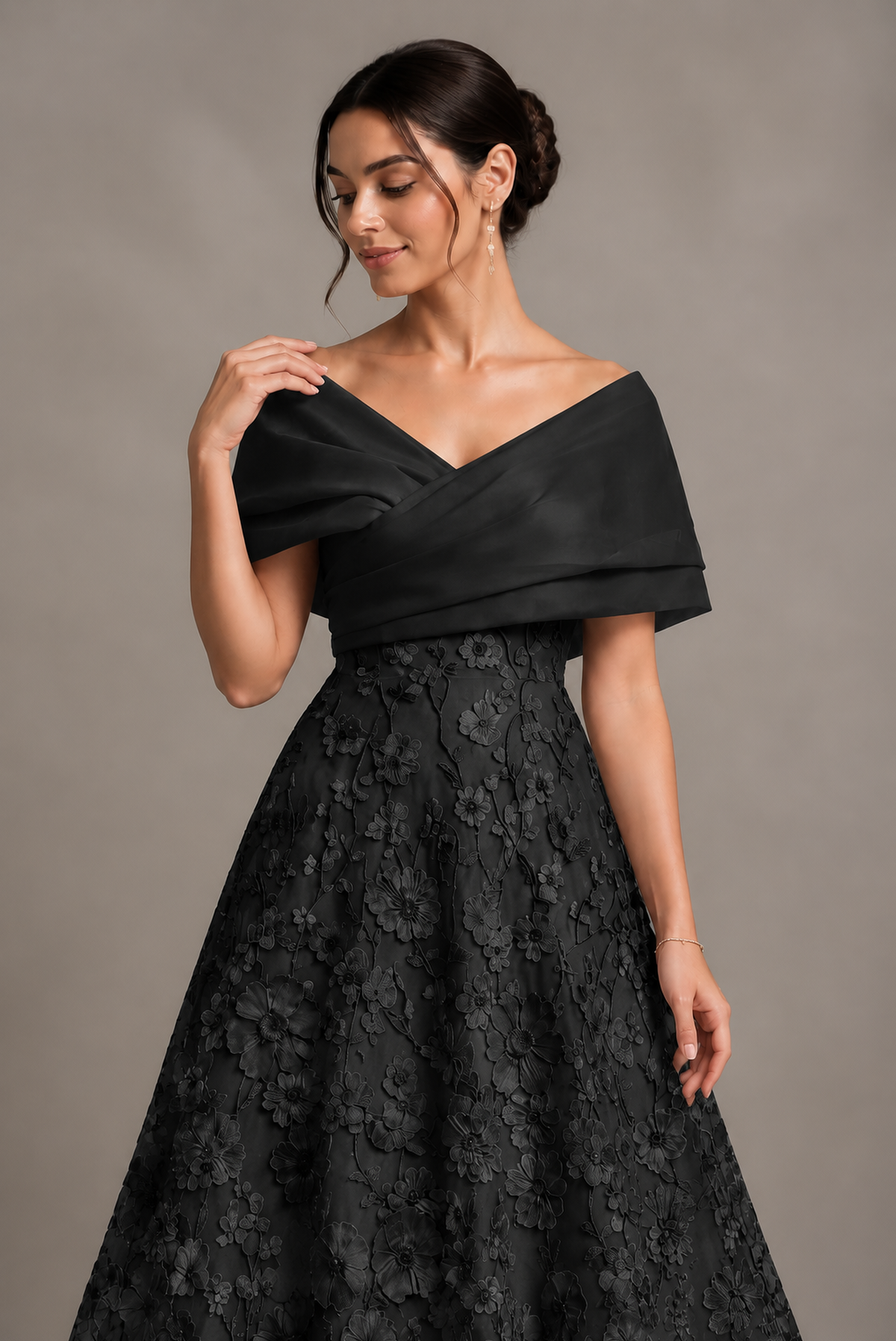 Black Off-Shoulder Satin & 3D Floral Embroidered Tulle Tea Length A-Line Dress - Black