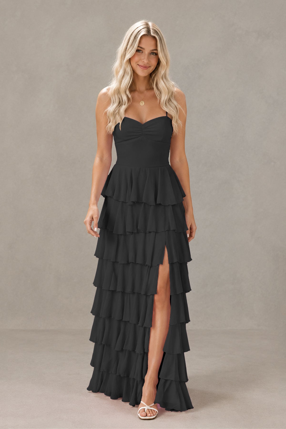 BOLODOO Black Strapless Tiered Ruffle Maxi Dress with Slit & Lace-Up Back - Black