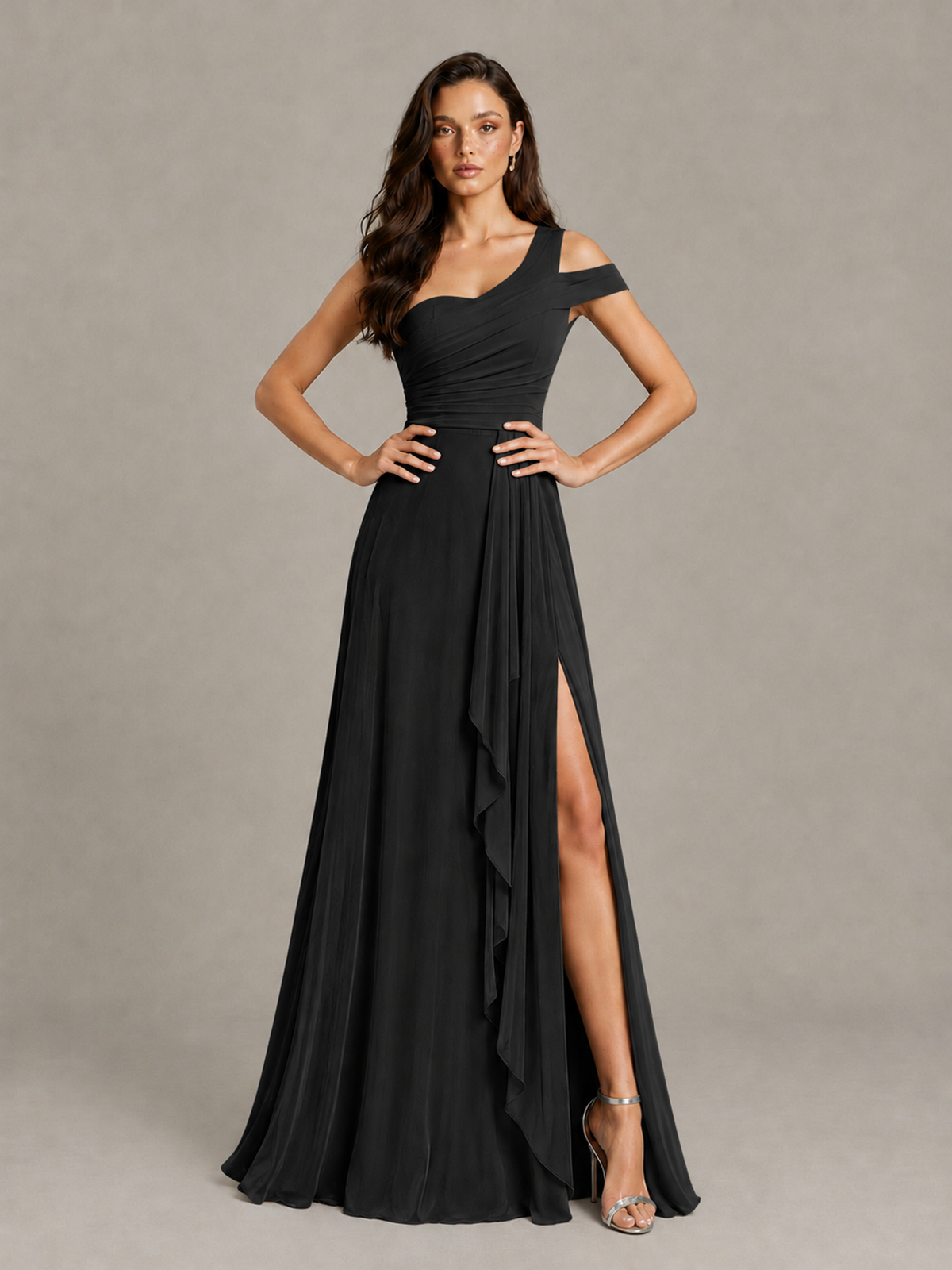 BOLODOO Black One-Shoulder Bridesmaid Dress with Side Slit - Black - Black (4)