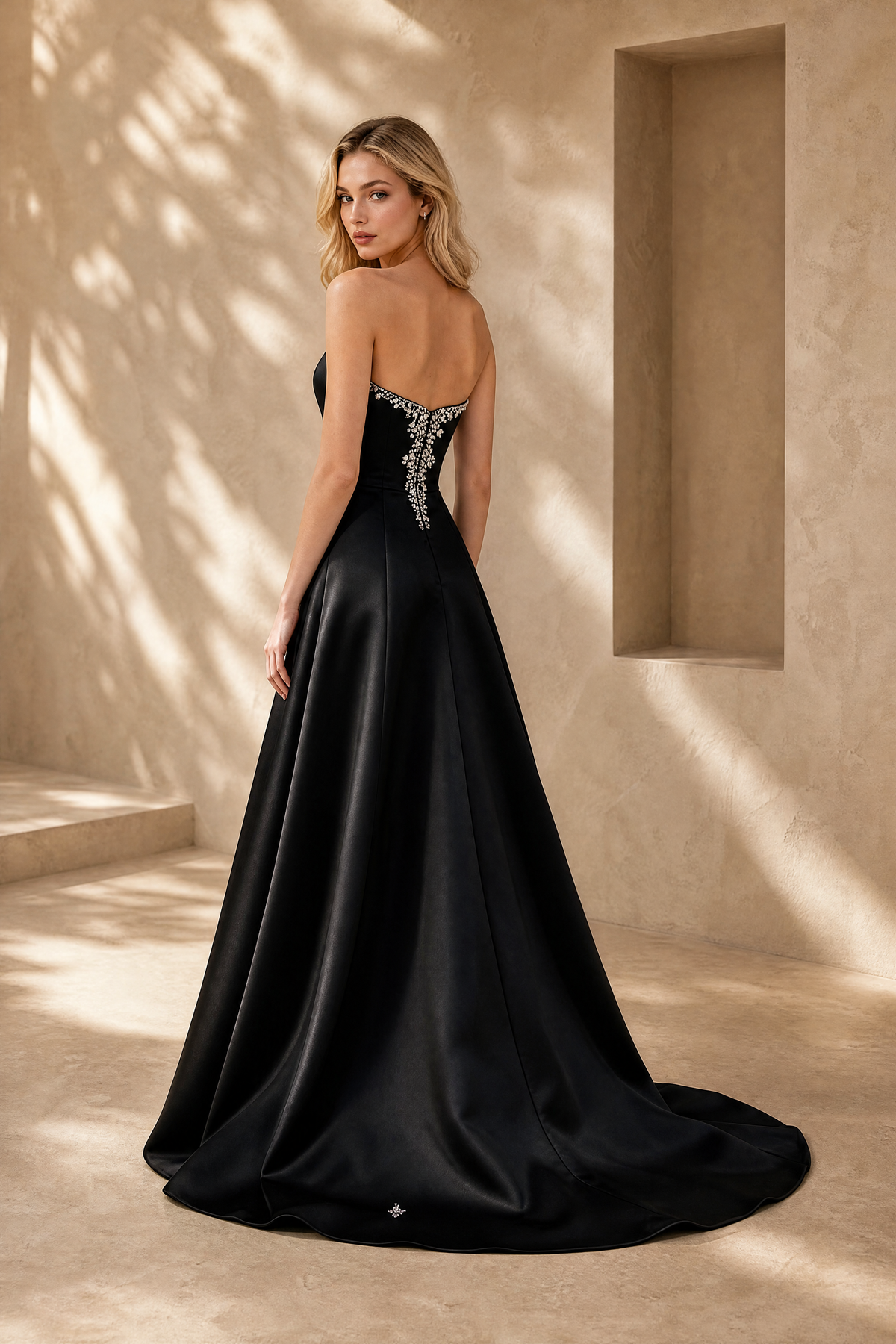 BOLODOO Black Strapless Sweetheart Beaded Satin A-Line Wedding Dress with Train - Black
