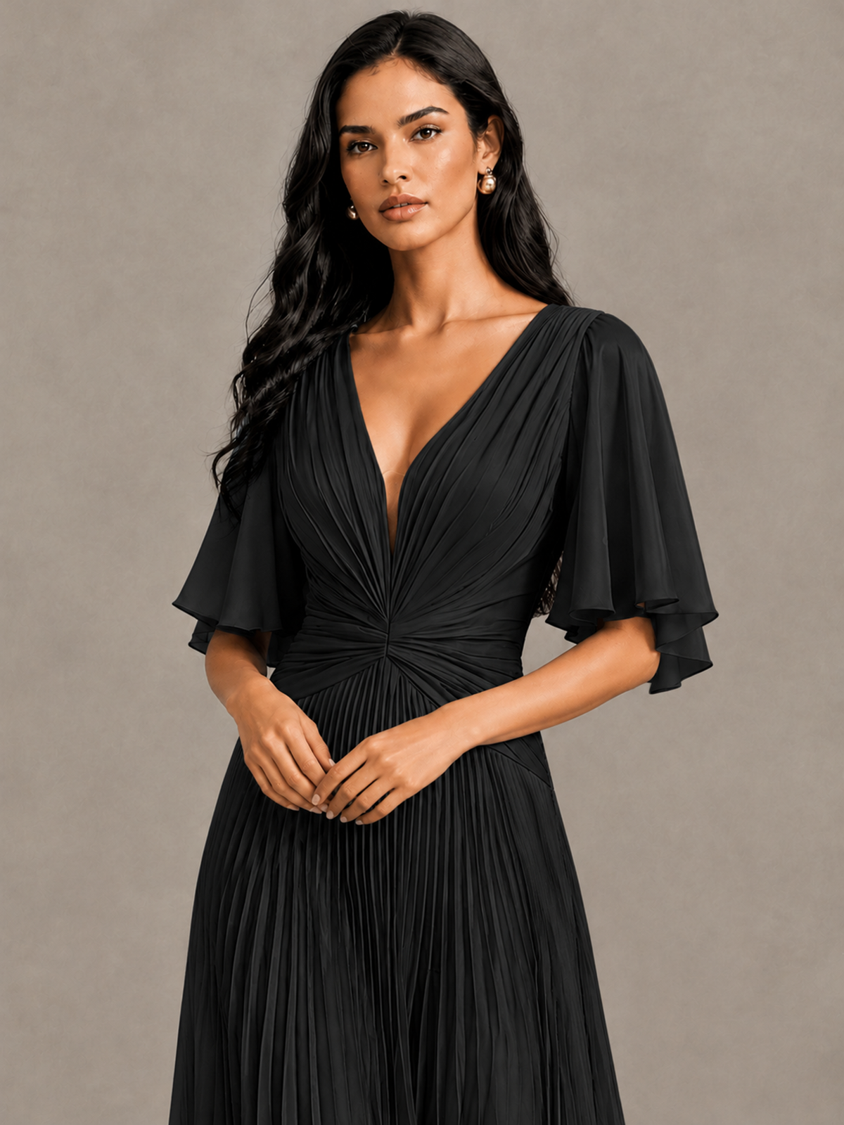 BOLODOO Black Pleated V-Neck Flutter Sleeve Bridesmaid Dress - Black - Black (4)
